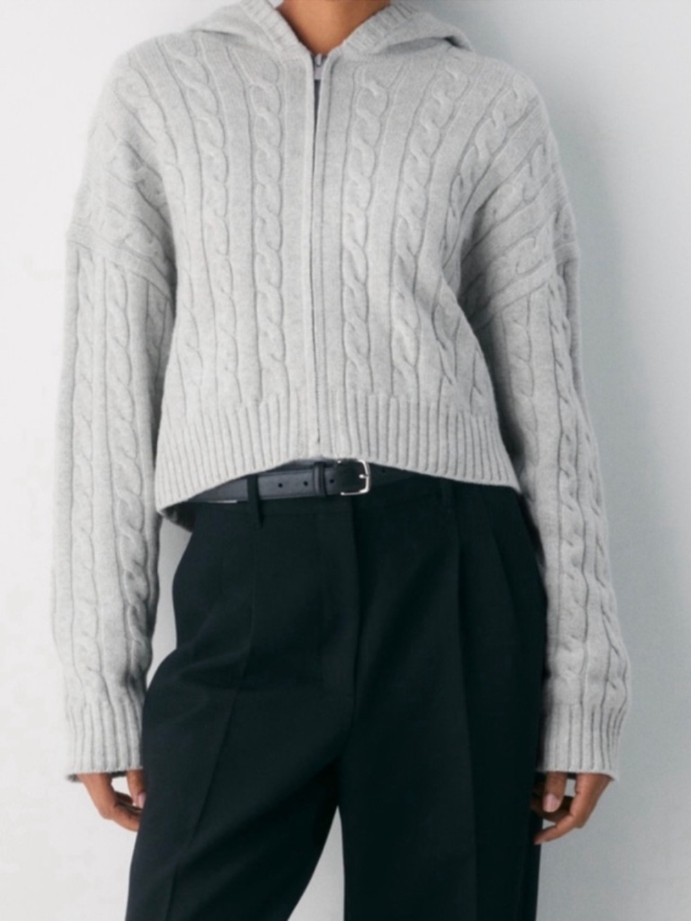 Aritzia Cable Knit Zip Hoodie Sweater - Light Gray